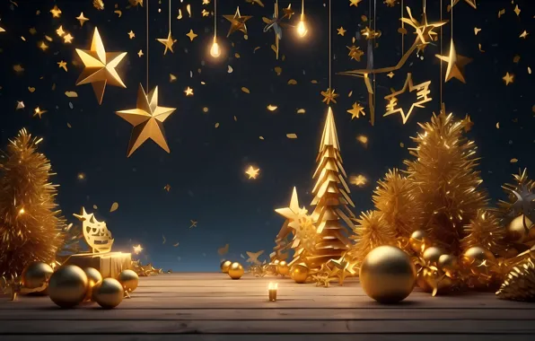 Stars, balls, light, lights, the dark background, gold, Board, Shine