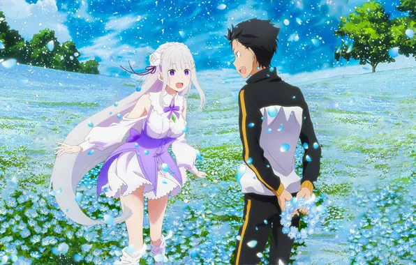 Girl, flowers, meadow, guy, wreath, Subaru, From scratch, Re: Zero Kara Hajime Chip Isek Or …