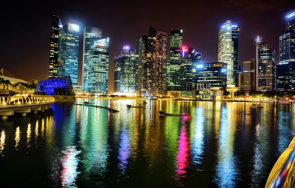 Night, the city, lights, building, skyscrapers, backlight, Bay, Asia