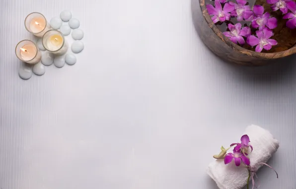 Flowers, candles, orchids, towels, Spa