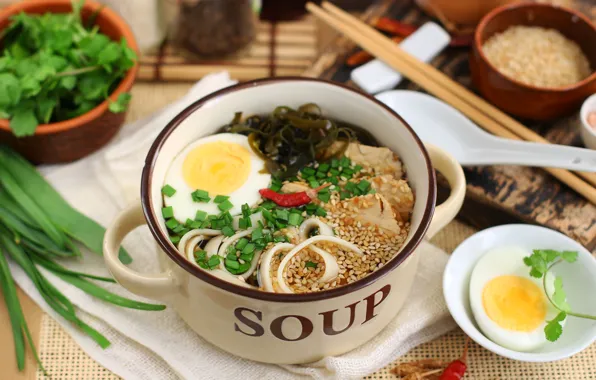 Egg, bow, soup, pan