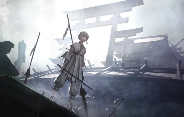 Girl, weapons, fantasy, torii