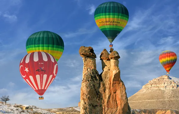 The sky, landscape, nature, balloons, rocks, Turkey, national Park, Cappadocia