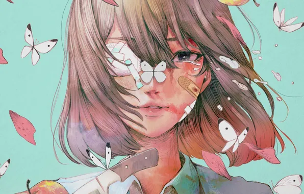 Girl, butterfly, apples, knife, crying, wataboku