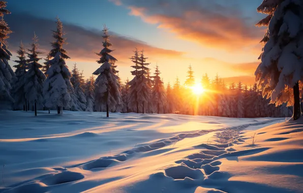 Winter, forest, the sun, clouds, snow, trees, sunset, nature