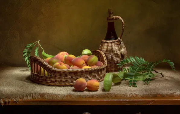 Bottle, basket, apricots