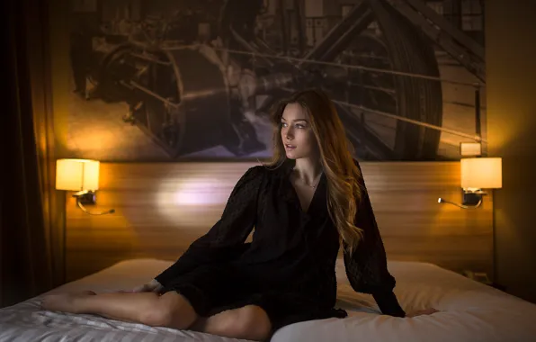 Look, girl, bed, dress, lamp