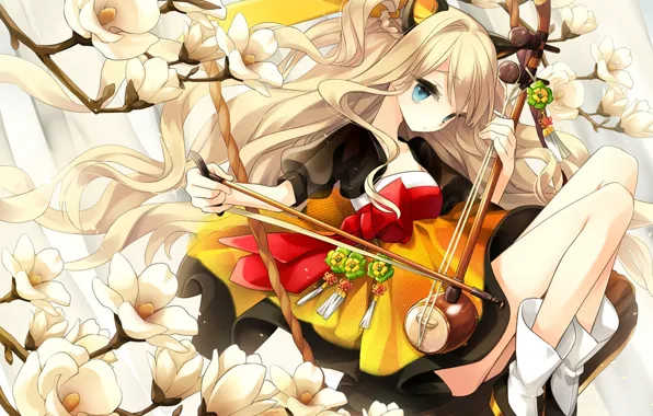 Picture girl, flowers, branch, art, vocaloid, bow, ears, Vocaloid