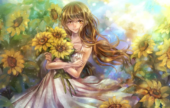Girl, sunflowers, flowers, smile, bouquet, art, tandolcedeco