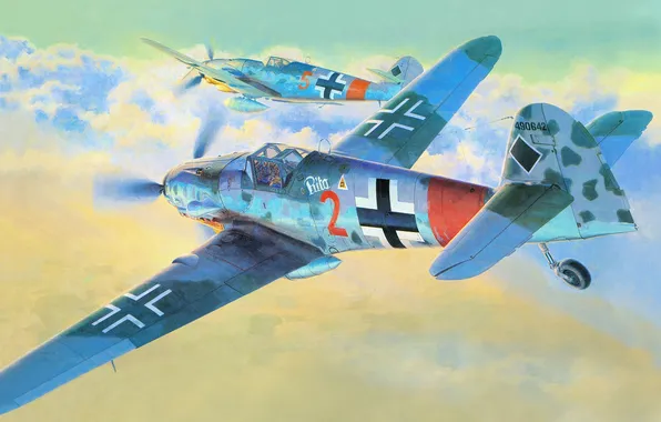 Picture war, art, painting, drawing, ww2, german aircraft, bf 109, german fighter