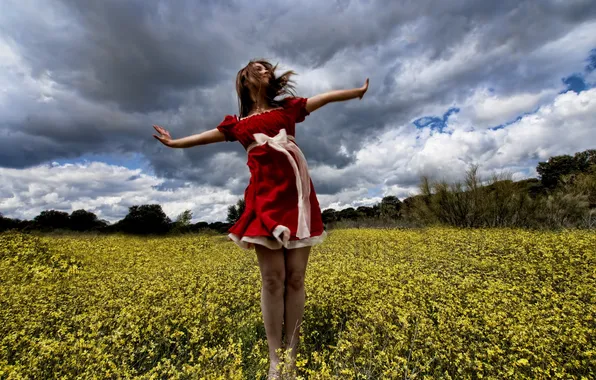 Field, summer, girl, movement, mood