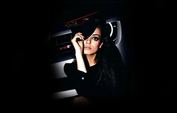 Girl, brunette, cap, Mila Kunis, the dark background, Mila Kunis