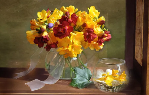 Picture bouquet, petals, vase, still life