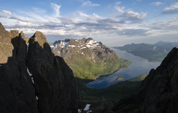 Mountains, lake, shadow, Sunny