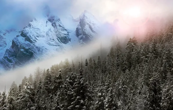 Winter, the sky, mountains, fog, glare, photoshop