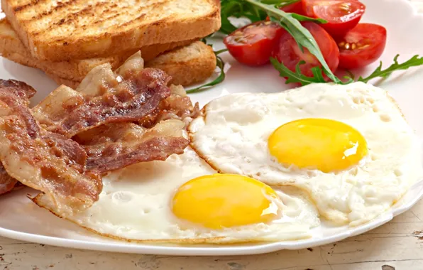Breakfast, scrambled eggs, tomato, bacon, toast