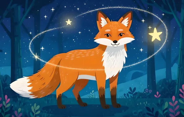 Forest, stars, night, Fox, red, blue background, illustration, AI art