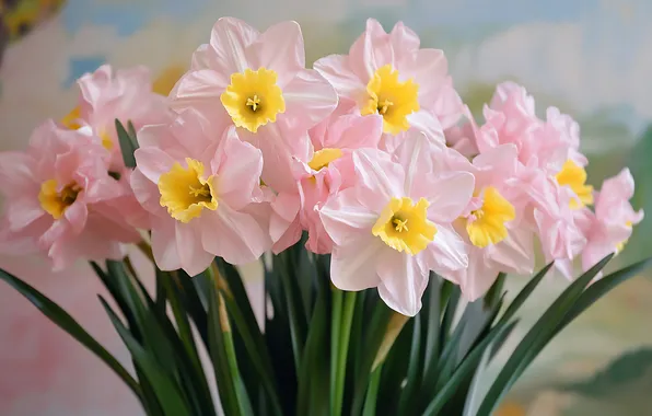 Leaves, flowers, bouquet, spring, pink, daffodils, AI art, neural network