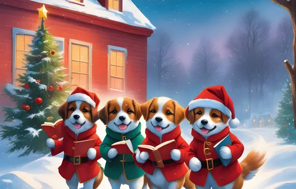 Winter, dogs, snow, house, puppies, Christmas, the snow, New year