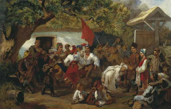 Picture oil, village, Canvas, Wedding, 1860, red flag, Ivan SOKOLOV