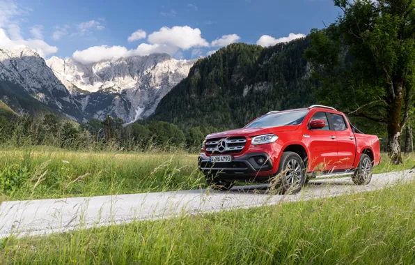 Mountains, red, Mercedes-Benz, pickup, 2018, X-Class