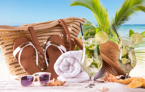 Picture sea, beach, stay, towel, glasses, lime, summer, bag