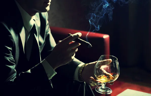 Smoke, glass, cigar, male, cognac