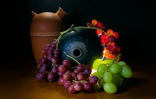 Light, red, green, the dark background, table, backlight, grapes, pitcher