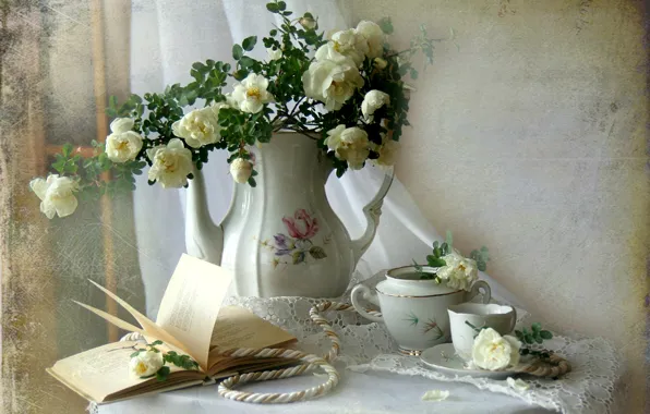 Bouquet, texture, briar, dishes, book, still life, cord, vintage