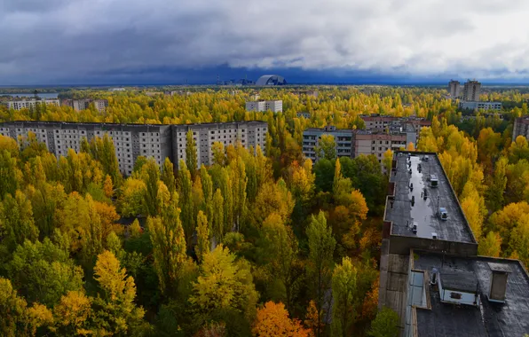 Picture the sky, trees, clouds, overcast, home, Chernobyl, Pripyat, architecture