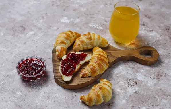 Glass, juice, Board, cakes, jam, croissants, the dough, bagels