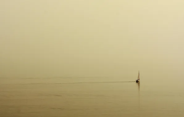Sea, fog, morning, yacht, haze, sails, calm, lonely boat