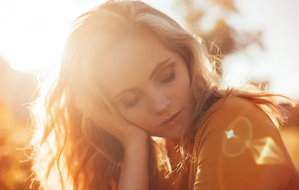 The sun, pose, makeup, hairstyle, blonde, beauty, thought, bokeh