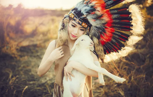 Picture summer, girl, face, beauty, feathers, the beauty, sheep, headdress