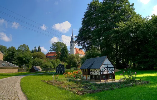 The sky, grass, trees, landscape, flowers, Park, street, tower