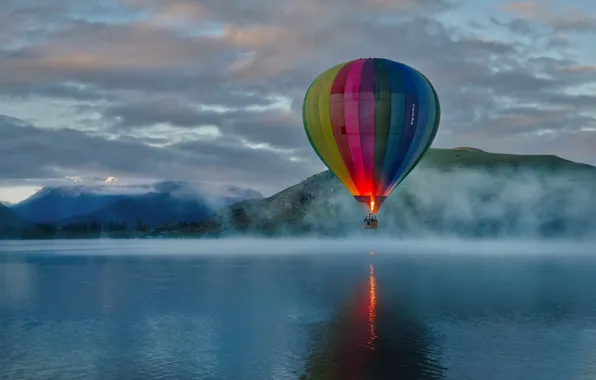 Picture mountains, clouds, lake, morning, fog, hill, sunrise, balloon