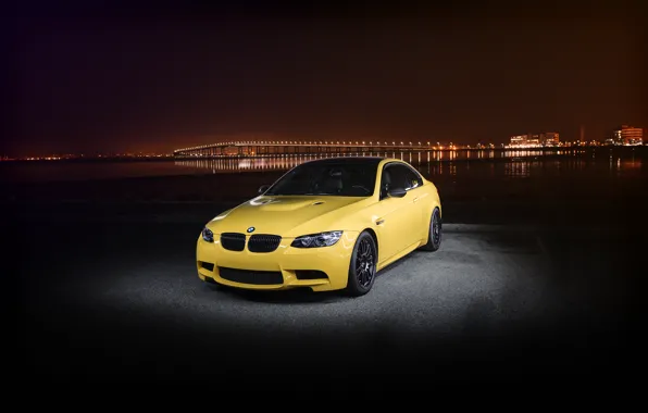 Picture night, the city, lights, yellow, bmw, BMW, yellow, e92