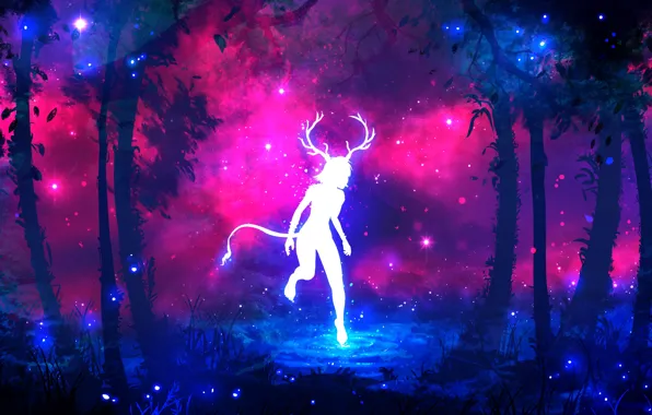 Picture forest, purple, grass, water, girl, space, stars, trees