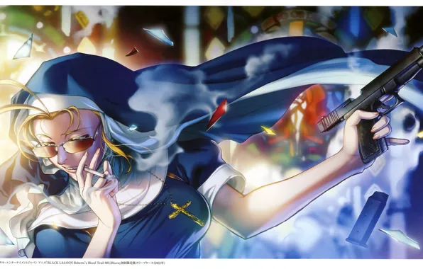 Gun, cross, shot, Black Lagoon, cigarette, nun, casino, grin