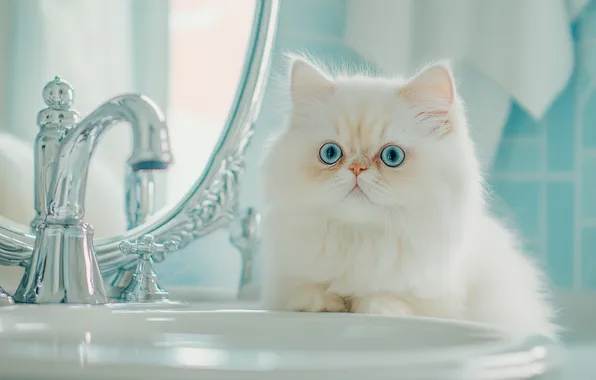 Cat, white, look, water, pose, kitty, crane, sink