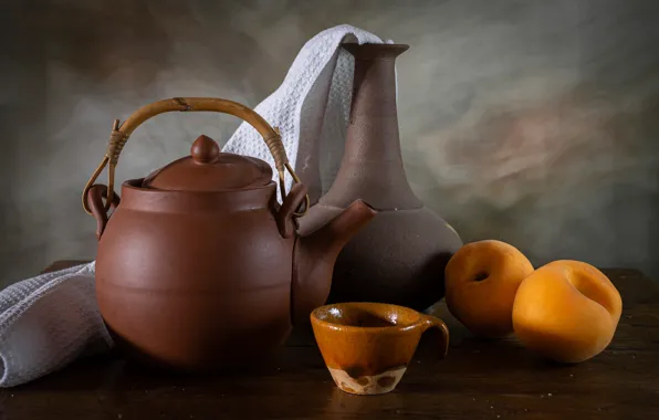 Kettle, pitcher, still life, peaches