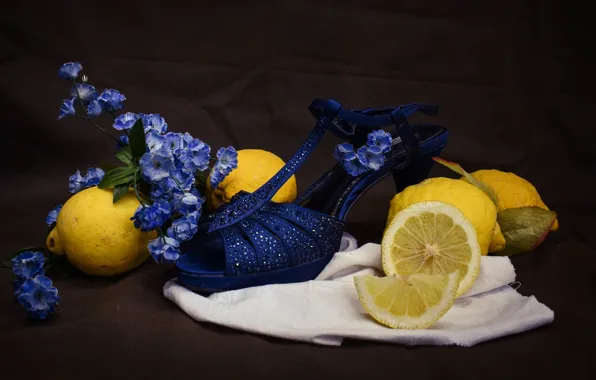 Flowers, the dark background, shoes, rhinestones, fabric, fruit, still life, ladies