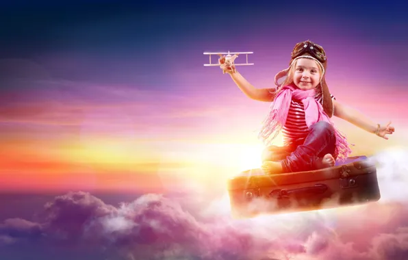 The sky, girl, suitcase, airplane