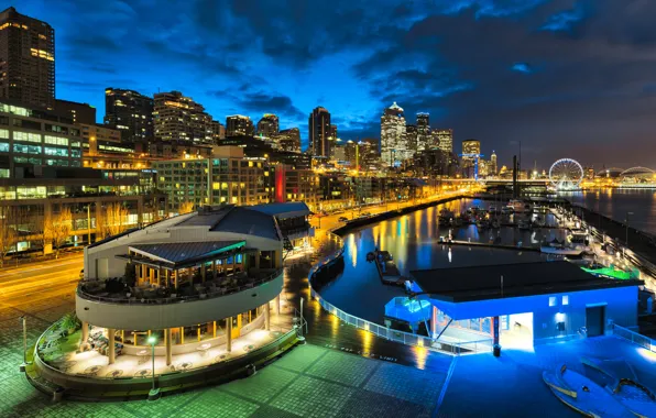 Night, skyscrapers, channel, USA, America, megapolis, Seattle, Houses