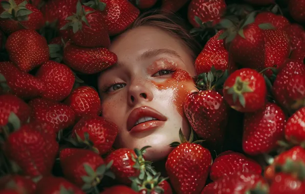 Look, girl, light, face, pose, berries, portrait, strawberry