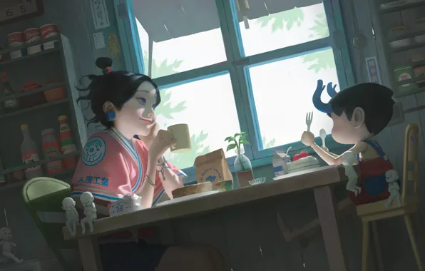 Breakfast, window, kitchen, digital art, table, digital art, Zeen Chin, mother and son