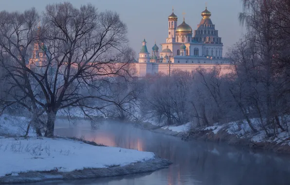 Picture winter, snow, trees, river, Cathedral, temple, Russia, the monastery