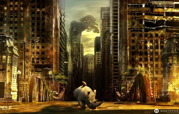 Picture the city, parrot, the ruins, Rhino, desktopography, postapocalyptic
