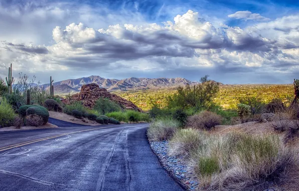 Road, landscape, mountains