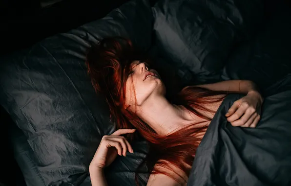 Girl, Hair, Bed, Pillow, Blanket, Red, Natasha Kushnir